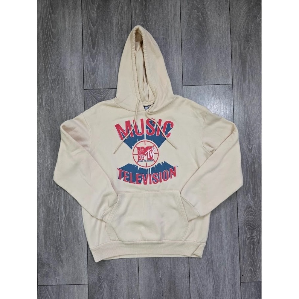 MTV Hoodie Men's Medium Beige Basketball Music Television Logo Pullover Retro